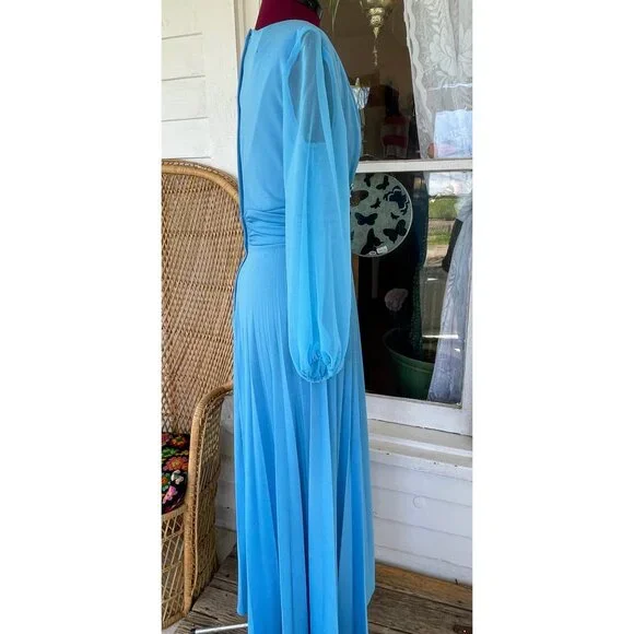 Vintage 1970s Blue Dressy Maxi Dress Pleated Skirt Rhinestone Pearls Size M - Picture 13 of 16